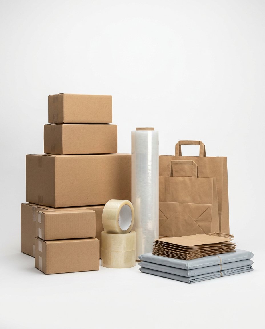 Assorted packaging and shipping supplies: boxes, tape, film and bags